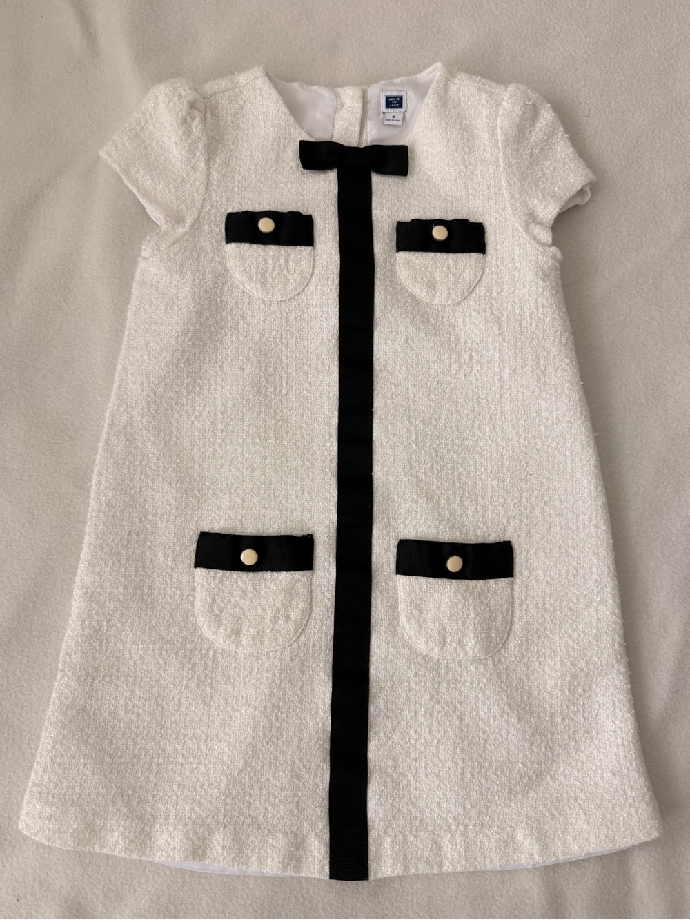 Janie and Jack White Textured Dress with Black Trim and Bow